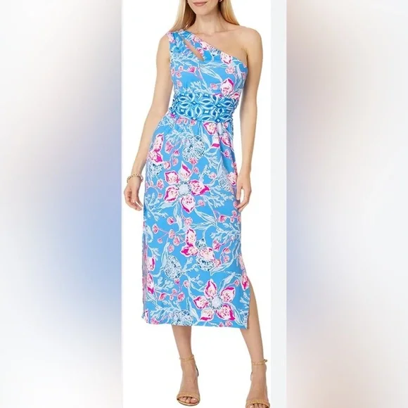 Lilly Pulitzer Blue One-Shoulder Floral Midi Dress - Picture 1 of 9